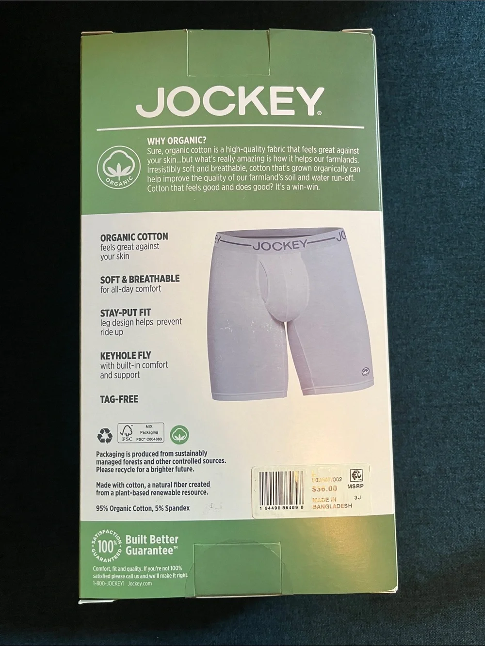 Jockey Black Organic Cotton Stretch Long-Leg Boxer Briefs - Single Pair